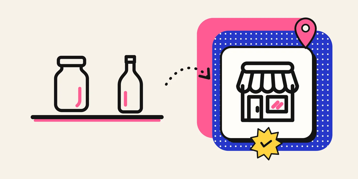 Illustration : un bocal et une bouteille, reliés par un chemin en pointillés à une boutique repérée sur une carte
